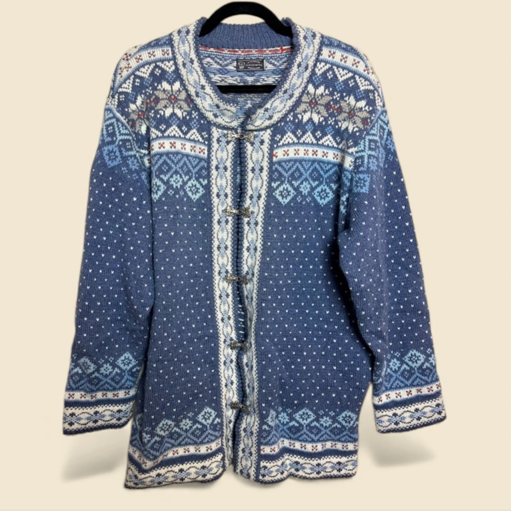 Vintage 1990s 90s 2000s Wool Blue Nordic Cardigan Sweater Dale of Norway Style
